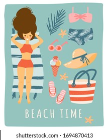 Set of beach cute elements swimsuit, hat, sunscreen, flip flops,