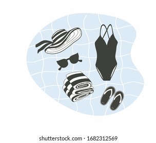 Set of beach cute items, one piece swimsuit, hat, striped towel, slippers, sunglasses, isolated vector. Swimwear sunbathing on a beach and summer vibrations set for card, banner, poster. Rest