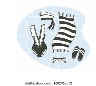 Set of beach cute items, one piece swimsuit, hat, striped towel, slippers, sunglasses, isolated vector. Swimwear sunbathing on a beach and summer vibrations set for card, banner, poster. Rest