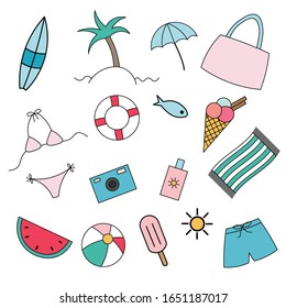 Set of a beach day, summer holiday-related flat vector icons isolated on a white background.