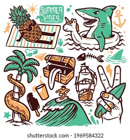 Conjunto de ilustraciones de doodles de playa