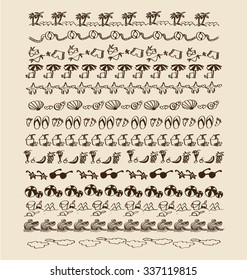 Set of Beach drawing doodle design element. Hand drawn line border