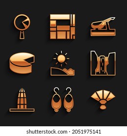 Set Beach, Earrings, Fan flamenco, Algar waterfall, Agbar tower, Cheese, Spanish jamon and Omelette frying icon. Vector