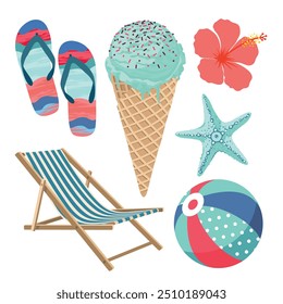 Um conjunto de elementos de praia com um chaise longue, uma bola listrada, sorvete em uma xícara de waffle. Estrelas, hibiscos, xistos listrados brilhantes. Clipart vetorial ilustrado. 
