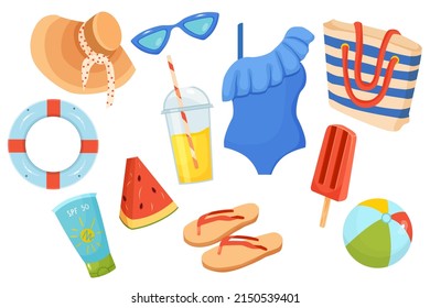 A set of beach elements isolated on a white background. Hat, beach bag, cocktail, sunglasses, slates, bikini, watermelon, ice-cream. Vector set on a summer theme for postcards, banners, stickers.