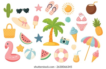 A set of beach elements isolated on white. vector illustration
