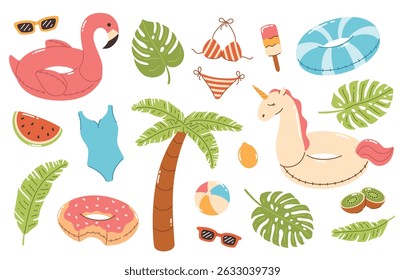 Set of beach elements. Palm tree, bathing suits, swimming rings, sunglasses, palm leaves, ice cream. Flat vector illustration.