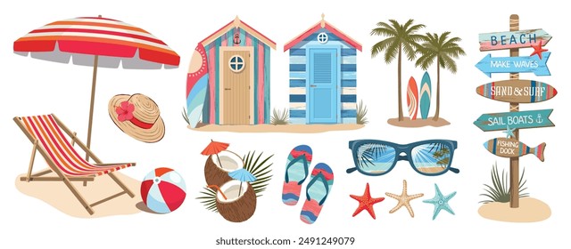 A set of beach elements and scenes. Beach cabins, palm trees, surfboards. Sunglasses, braided hat with hibiscus, slates. A beach signpost with inscriptions, an armchair with an umbrella, starfish.  