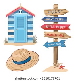 A set of beach elements with a signpost and cabins. A straw sun hat. Vintage wooden houses with wood texture and faded paint. Illustrated vector clipart. 