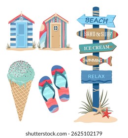 A set of beach elements with a signpost and cabins. A straw sun hat. Bright colored slates. Illustrated vector clipart. Hand draw no ai.