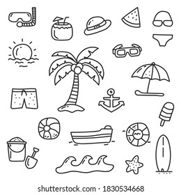 Set of beach elements vector in doodle hand drawn illustration isolated on white background 