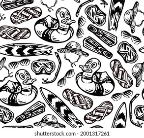 set of beach equipment element in vintage doodle style