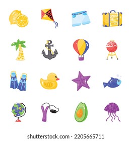 Set of Beach Flat Sticker Icons 

