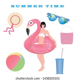 Set for the beach - Girl in a swimsuit in an inflatable lifebuoy Pink Flamingo, ball, sunglasses, hat, bag - isolated on white background - vector. Summer time.