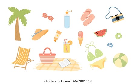 Set of beach holiday, elements for sea, summer vacation trip. Swimsuit, sun hat, glasses, ball, watermelon, ice cream, drink, towel, flip-flops, sun cream, bottle. Flat vector illustration.