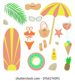 set of beach holiday elements with umbrella, surf, swimwear, palm leaf, hats, glasses, bag, flip flops, inflatable circle, spray tanning, cocktail, starfish ice cream and pineapple on white background