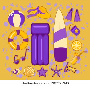 
set of beach holiday items in orange and purple.