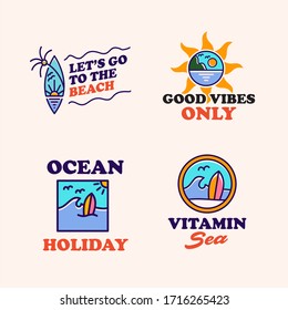 set of Beach holiday logo vector sticker, simple line label vector image, summer tropical retro vintage hipster cartoon logo icon illustration