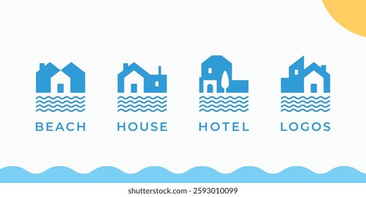 Set of beach house hotel villa resort logo modern minimal vector illustration template graphic icon design. Various collection of coastal house sign logo