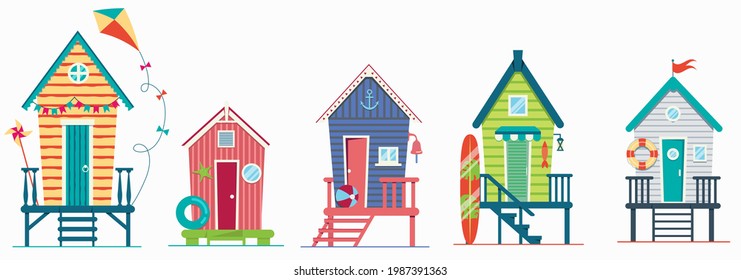 Set of beach houses. Huts and bungalow collection. Marine buildings on sea beach. Flat vector illustration isolated on white background.