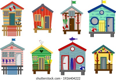 Set of beach houses with lifebuoy, surfboard and seagulls. Vector beach collection isolated on white background. Attributes for a beach holiday on the ocean. For use in decor, cards, flyers and