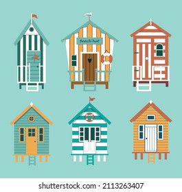 Set of beach huts on blue background.