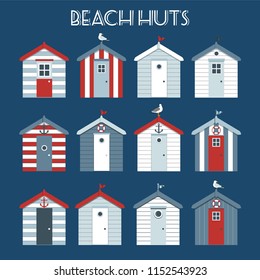 Set of beach huts with seagulls and lifebuoy.