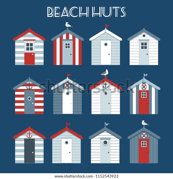 Set of beach\
huts with seagulls and\
lifebuoy.