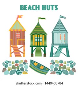 Set of beach huts, stones and boat. Vector illustration.