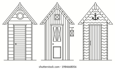 Set of beach huts. Summer bath house. Outline style vector illustration.