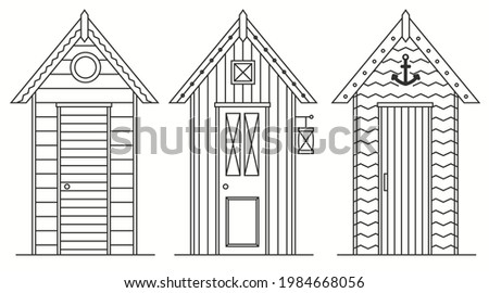 Set of beach huts. Summer bath house. Outline style vector illustration. [[stock_photo]] © 