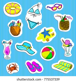 set of beach icons dodle, merry summer stickers, swimsuit, sunglasses, crab, ball, hat, cocktail, coconut, pineapple on striped background, vector illustration by hand