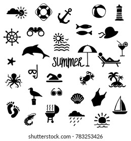 set of beach icons doodle, sea vector illustration made by hand