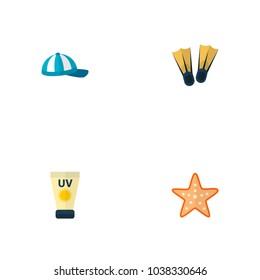 Set of beach icons flat style symbols with cap, sunscreen, starfish and other icons for your web mobile app logo design.