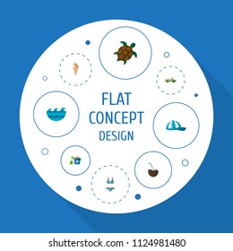 Set of beach icons flat style symbols with turtle, pail, coconut drink and other icons for your web mobile app logo design.