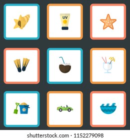Set of beach icons flat style symbols with coconut drink, cabriolet, waves and other icons for your web mobile app logo design.