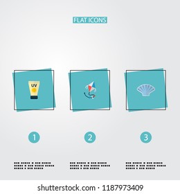 Set of beach icons flat style symbols with sunscreen, kite, shell and other icons for your web mobile app logo design.