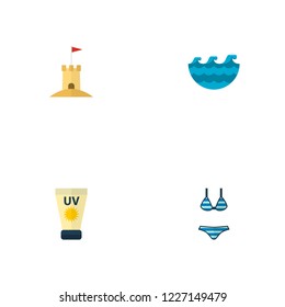 Set of beach icons flat style symbols with bikini, sunscreen, waves and other icons for your web mobile app logo design.