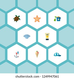 Set of beach icons flat style symbols with sunscreen, cap, kite and other icons for your web mobile app logo design.