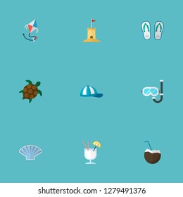 Set of beach icons flat style symbols with flip flop, kite, coconut drink and other icons for your web mobile app logo design.