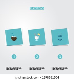 Set of beach icons flat style symbols with cocktail, bikini, coconut drink and other icons for your web mobile app logo design.