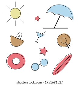 set of beach icons, hat, umbrella, sun, star, glasses, bag, summer