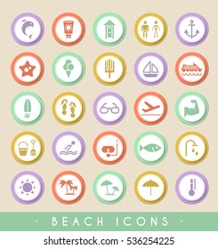 Set of Beach Icons on Circular Colored Buttons. Vector Isolated Elements.