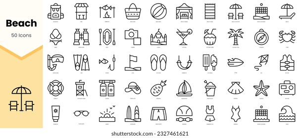 Conjunto de iconos de playa. Paquete de iconos de estilo de arte de línea simple. Ilustración del vector