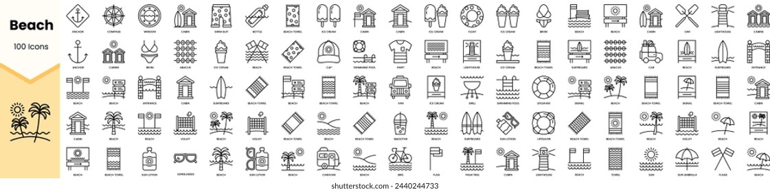 Set of beach icons. Simple line art style icons pack. Vector illustration