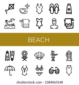 Set of beach icons. Such as Kite, Flamingo, Travel, Towel, Swimsuit, Sandals, Swimmer, Sun cream, Flippers, Sun umbrella, Chair, Shell, Bikini, Hula, Sunglasses , beach icons
