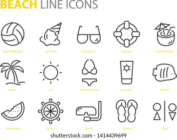 set of beach icons, such as sun, sea, watermelon, travel, sailing