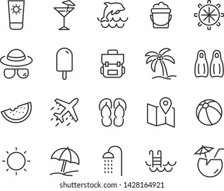 set of beach icons, such as sun, sea, watermelon, travel, sailing