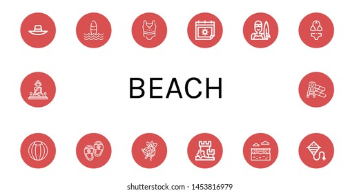 Set of beach icons such as Sunhat, Surf, Swimsuit, Summer, Surfer, Bikini, Beach ball, Slippers, Volleyball, Sand castle, Banana boat, Kite, Great buddha of thailand, Water slide , beach