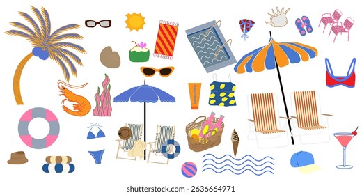 set of beach icons, set of summer beach icon. beach chair, pool, chairs, coconut, cocktail, bikini, palm beach, sun, ball, hat